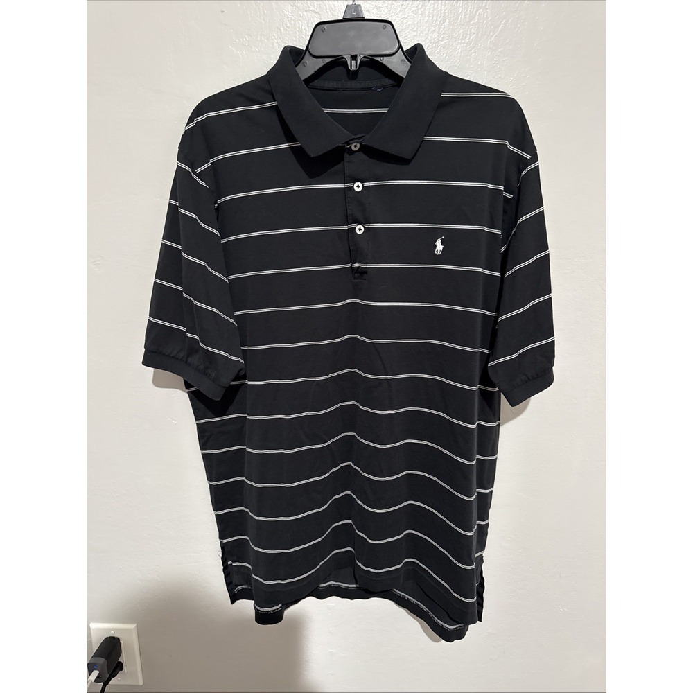 Polo Ralph Lauren Golf Shirt Mens XL Black White Striped Cotton Short Sleeve